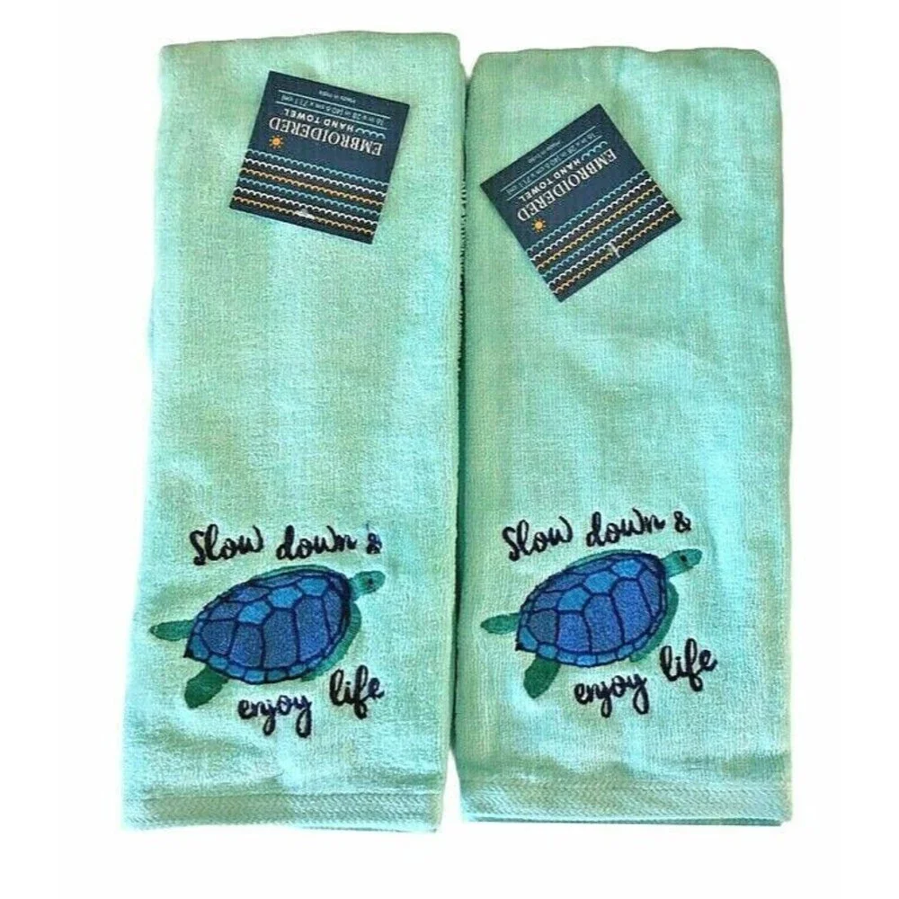 Sea Turtle Hand Towels Embroidered Bathroom Beach Summer Slow Down Blue Set of 2